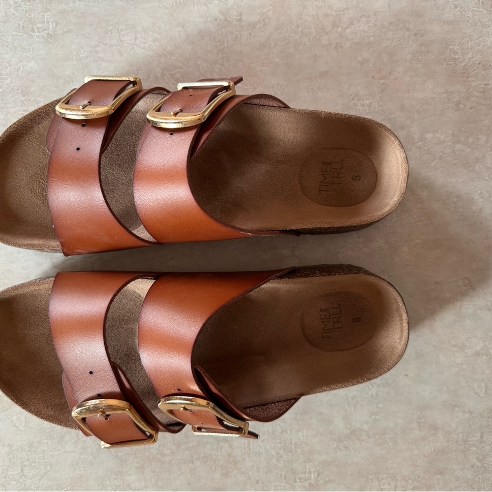 Tan Leather Sandals with Gold Buckles